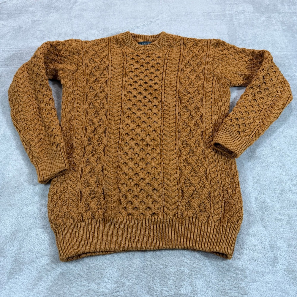 IrelandsEye Men XL Mustard Yellow 100% Virgin Wool Aran Cable Knit Sweater EUC